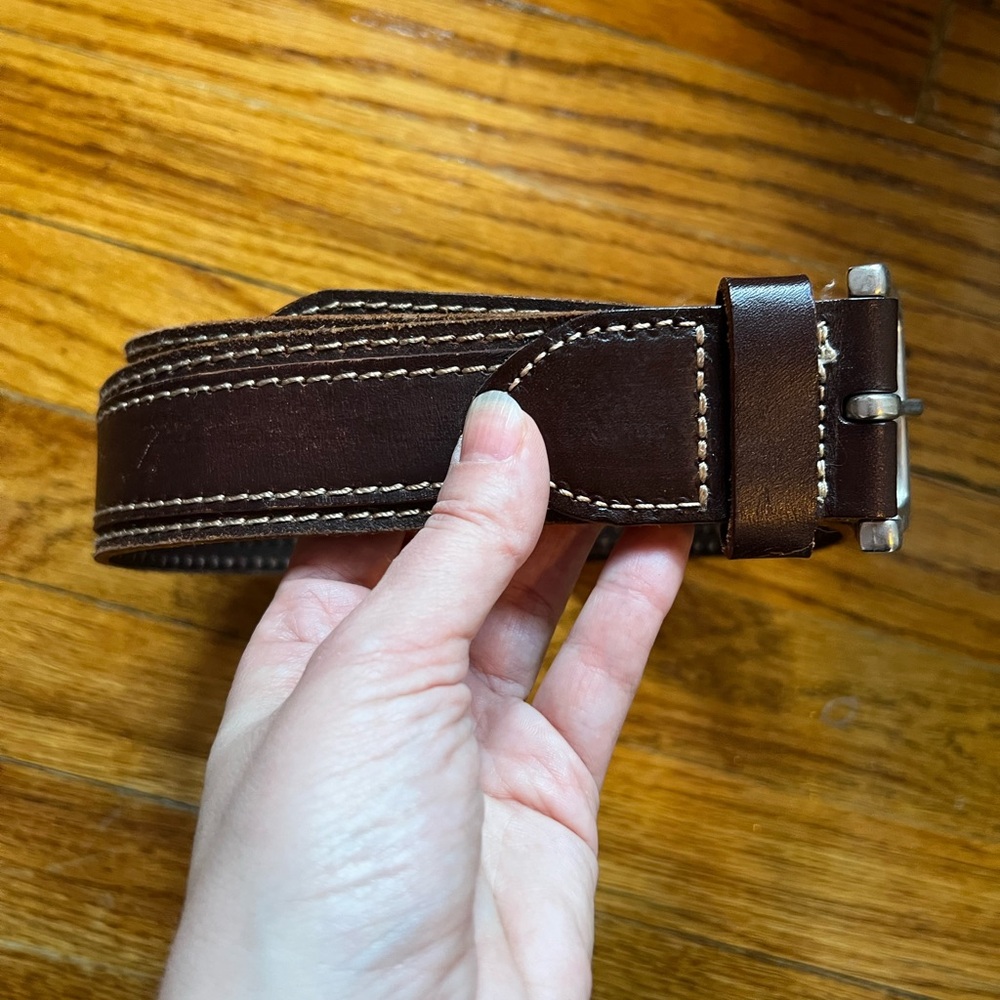 Men’s Brown Leather Belt Contrasting White Stitching Silver Colored Buckle